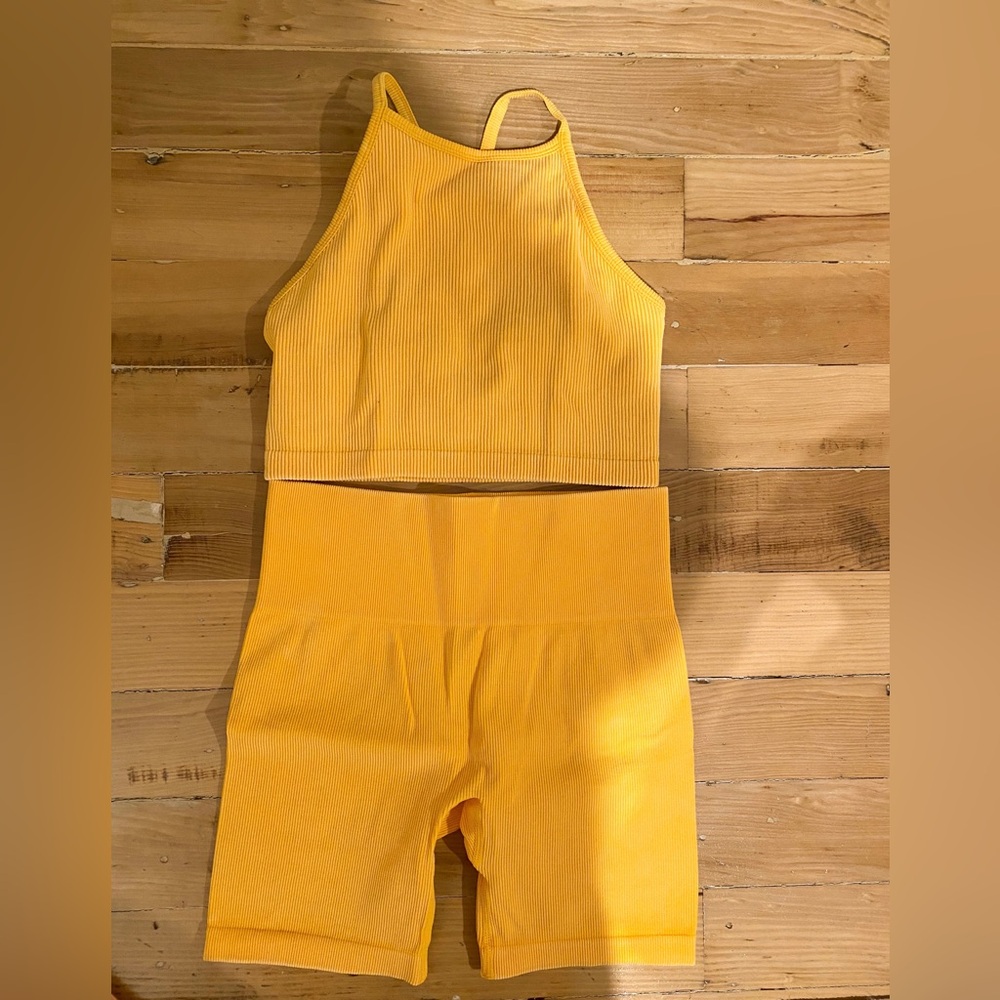 Yellow Ribbed Crop Top and Leggings Set
